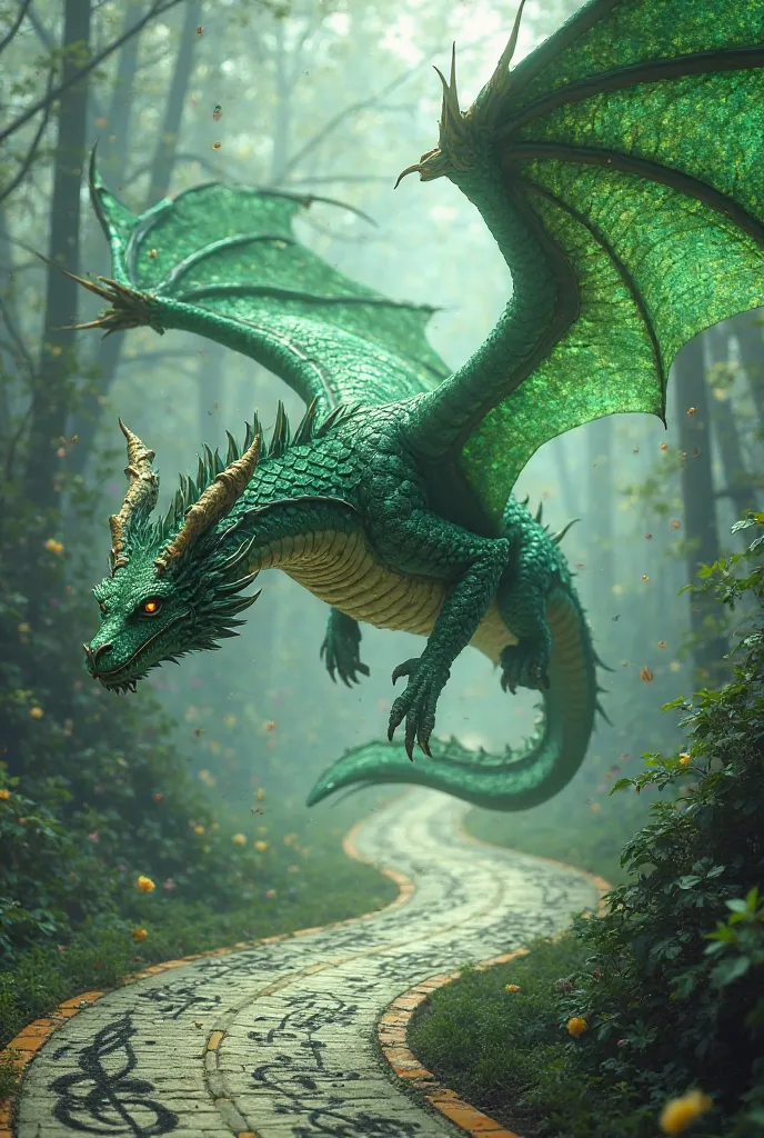 Green male dragon. Beautiful dragon wings. Wear black motorbike racer's suit. Musical notes on the race road