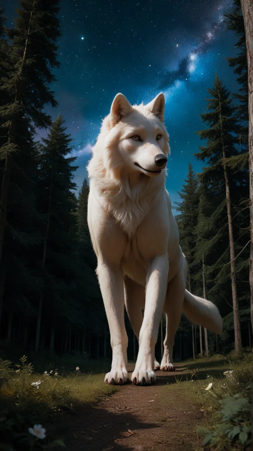 Forest at night with sky full of stars and a white wolf looking at the sky, 8k, best shadow, lower view, perfect angle, hyper realistic