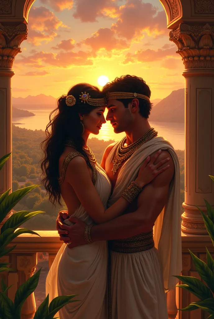 A beautiful and sexy scene of Cleopatra, the queen of ancient Egypt, and Antony embracing each other as they watch the sun set over the Nile from their palace. A work of art. A masterpiece.