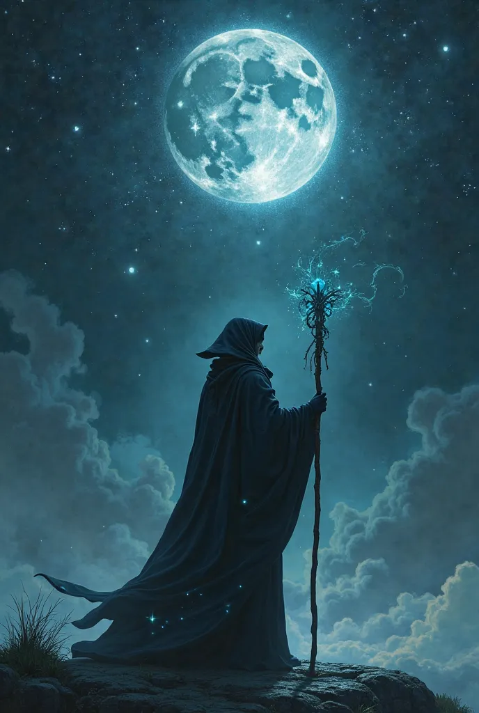 Wizard with a staff silhouette watching the magical night sky, stars, moon, space