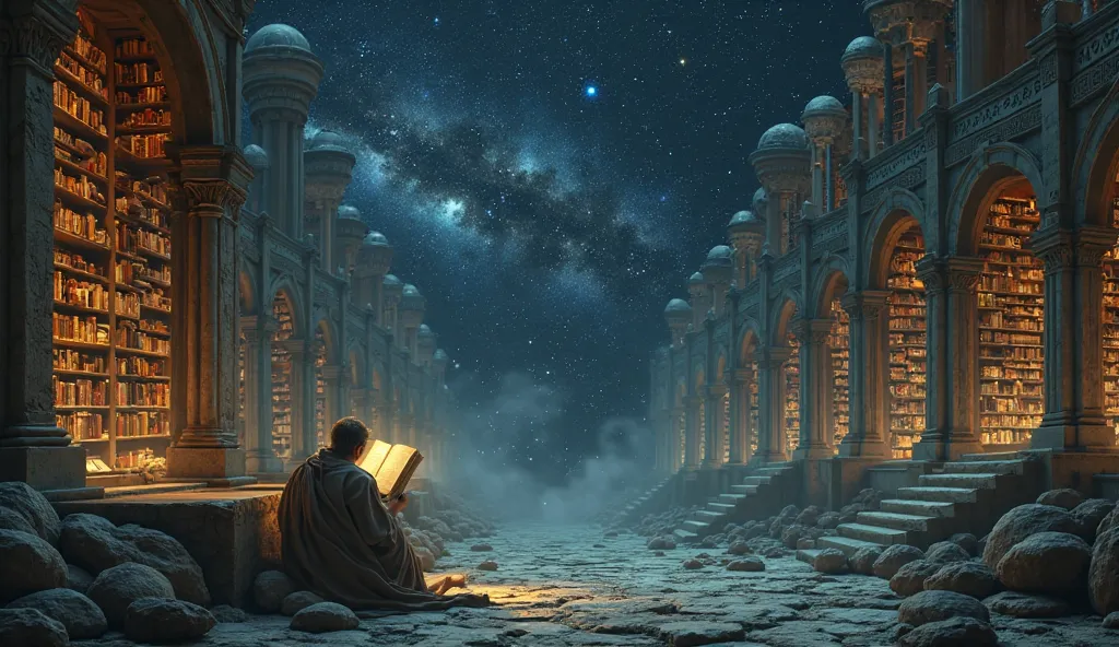 "A timeless library floating in deep space, filled with glowing scrolls of wisdom, where a lone figure in a toga calmly reads under the soft illumination of distant stars."