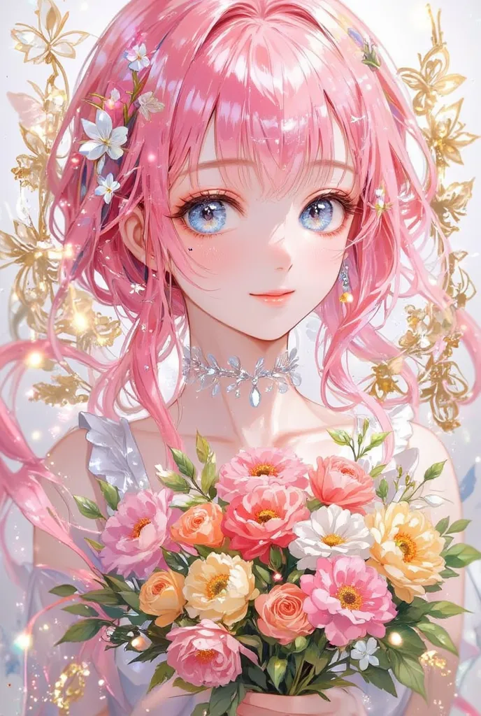 (EyesHD:1.2), masterpiece, best quality, ultra-detailed, very aesthetic, sharp focus, vibrant colors, best lighting, detailed illustration, detailed background,

1lady,(((pink shorj hair,blue eyes))),gorgeous,
(((full body shot))),smile,
holding a bouquet,...