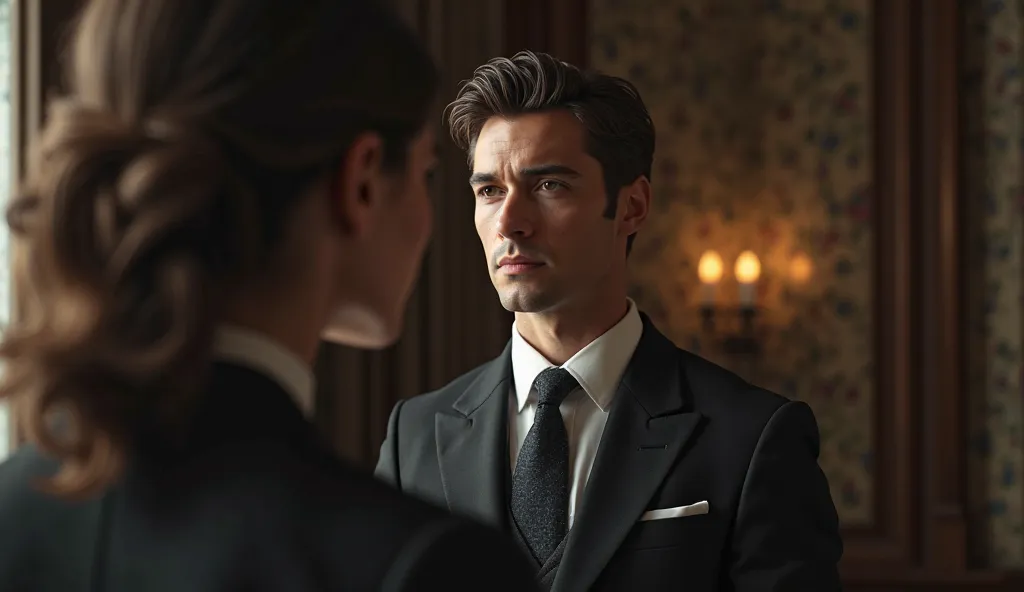  An elegant man, hair with a serious expression, watching Evelyn from afar. tense atmosphere.  SUPER REALISTIC STYLE , with details on the expression and clothes.