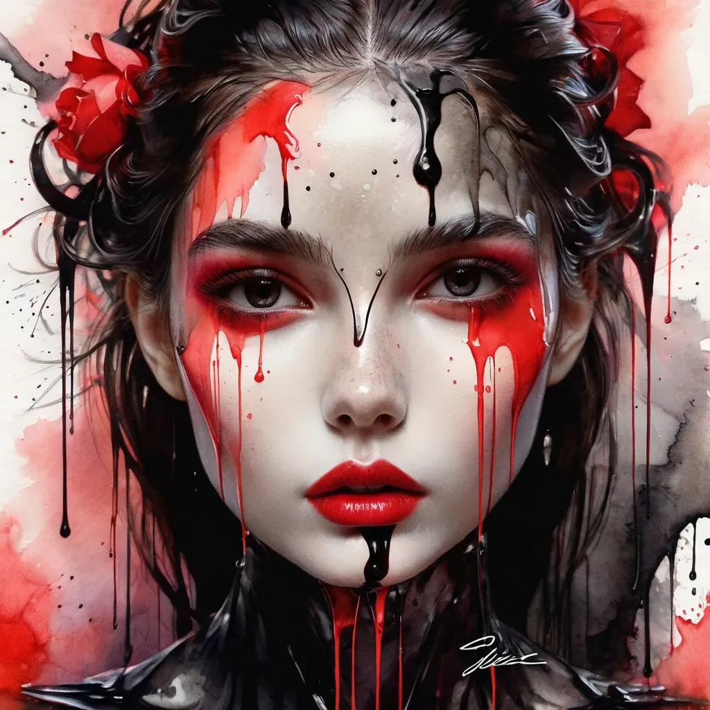 8K, Rgb, hdr, oil paintings, watercolors, bright saturated colors, Anna Razumovskaya, Jarek Kubicki, Aleksi Brilo, Darek Zabrotsky, Sakimichan, lois, Aminola Rezai, raw photo, negro, dark red,  close, Retrato de Medusa, mixed media collage. text with inscr...