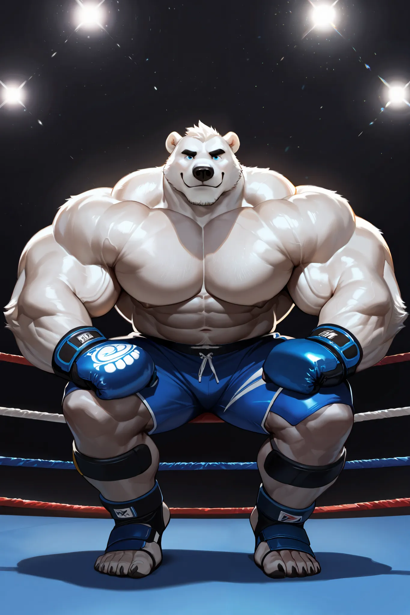 solo, 1boy, muscular, polar bear, very huge pectoral, blue MMA shorts, MMA gloves, ankle support brace, fighting ring, detailed face, lights, fighting arena, smile, detailed eyes, wide shoulder, thick arms, wide pectoral, muscle, short hair:1.2, detailed e...