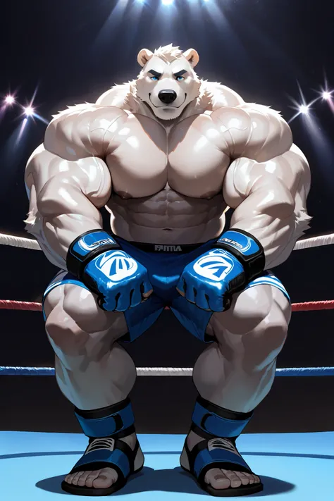 solo, 1boy, muscular, polar bear, very huge pectoral, blue MMA shorts, MMA gloves, ankle support brace, fighting ring, detailed face, lights, fighting arena, smile, detailed eyes, wide shoulder, thick arms, wide pectoral, muscle, short hair:1.2, detailed e...