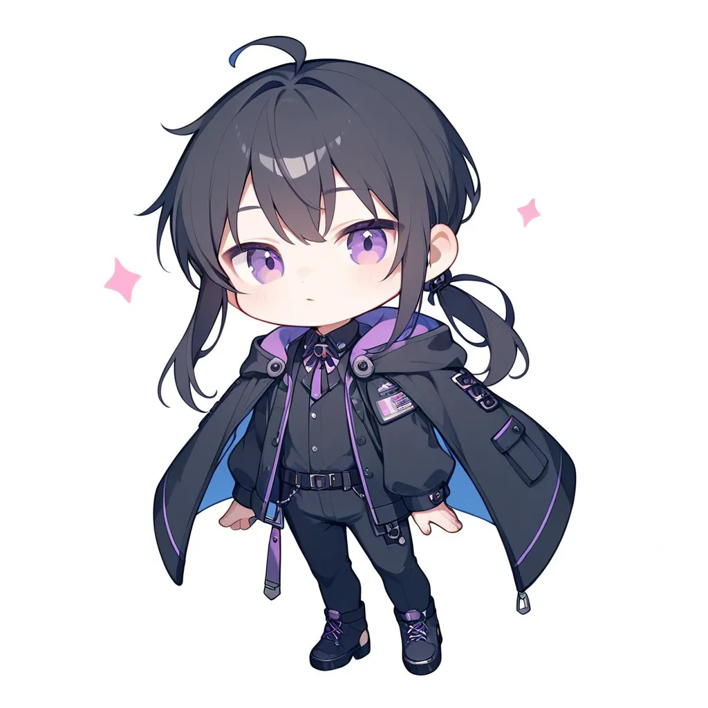  icon style illustration、(超High Resolution:1.2),(absurd:1.2),(High Resolution:1.2),(best quality:1.2), chibi,nice,simple pattern for background、Slightly long black hair、handsome、male、Purple Eyes、 hooded coat、GrayＹ shirt、 black pants ,Black right hand、The o...