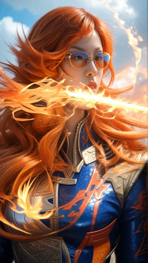 Fierce female warrior, youthful, Asian, holding a sword,  long fiery-orange hair flowing,  with detailed, stylized fire patterns swirling around her,  dark navy blue and gold stylized armor suit, tight-fitting, showcasing her strong physique,  focused dete...