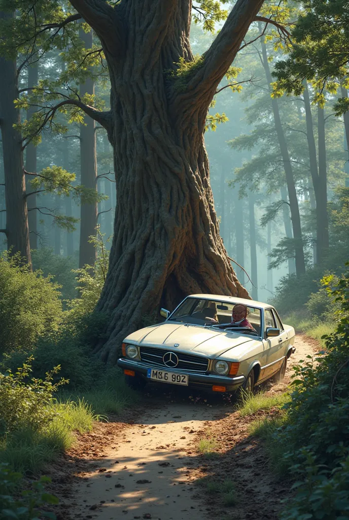 A man crashing a car in a tree, white car, dirt road and forest vegetation, 