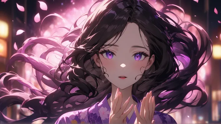 masterpiece、Top Quality、Highly Detailed CG Unity 8k Wallpaper、anime screenshot、A woman wearing a neon kimono anime character art。She's wearing a purple neon floral kimono。This scene with long flowing hair、素敵な Motion Blur 効果があり、highlights the magical glow o...