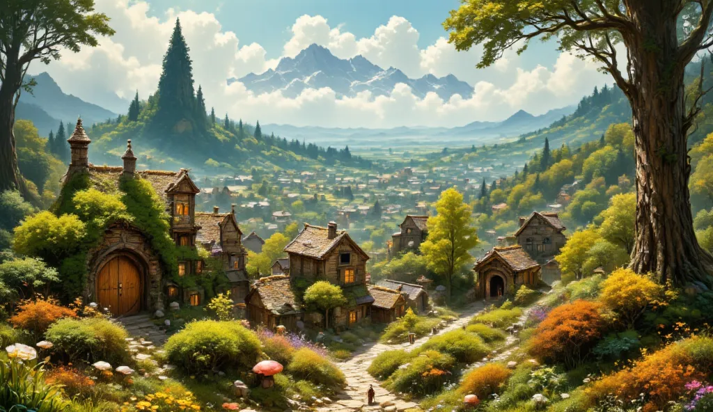 Beautiful fantasy town, like the shire , with moss, mushrooms, foggy, but bright, nature.