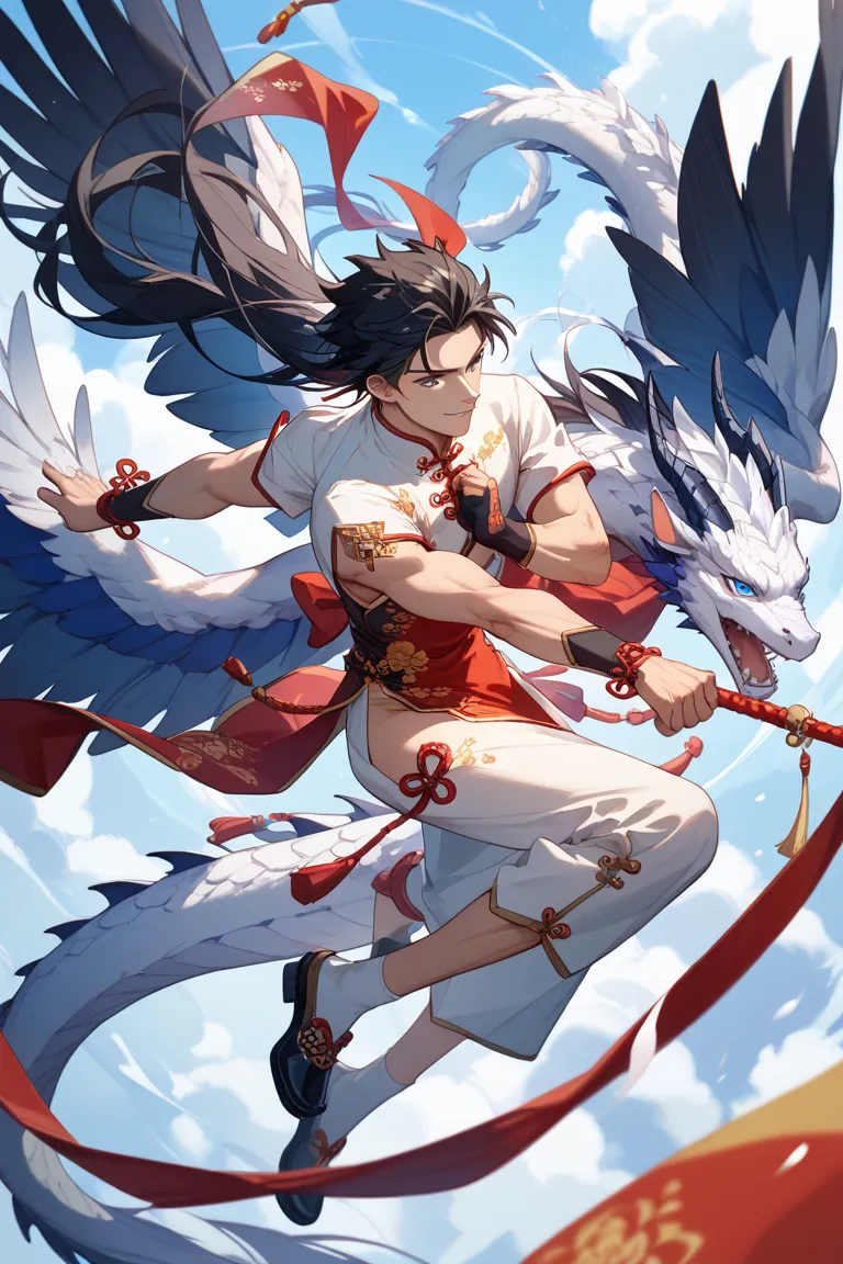 long hair、 black hair、 male、wearing Chinese clothes、White dragons are flying around