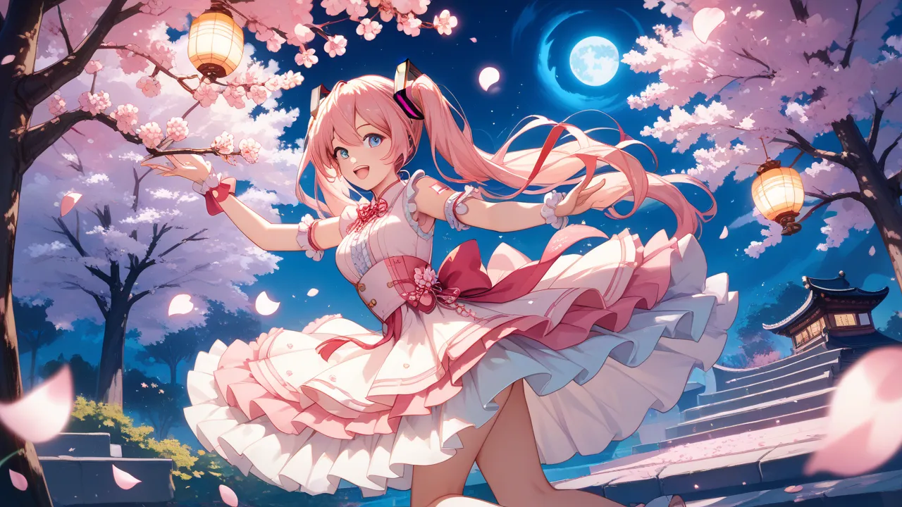 A beautiful anime-style illustration of Hatsune Miku dancing gracefully under a cherry blossom tree at night. She wears a flowing, pastel-colored dress with soft frills, matching her signature twin tails swaying in the wind. Pink petals gently fall around ...