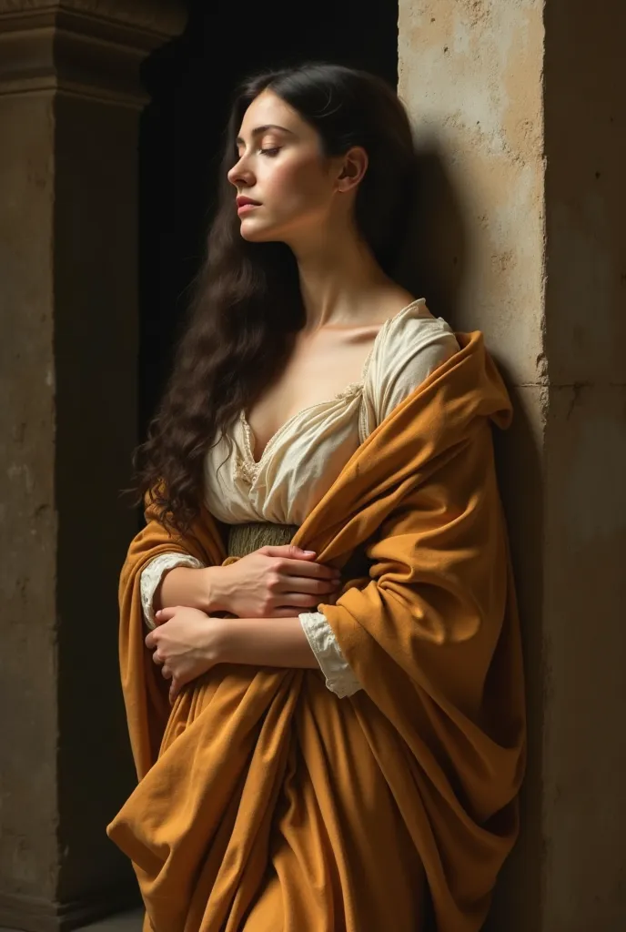 Create a Renaissance-style painting of a woman with full body Hispanic features, wrapped only in fabrics, Full body view she is standing next to a lintel with a serene face.  Her face must show exaggerated boredom , with eyes closed.  She has a delicate ex...