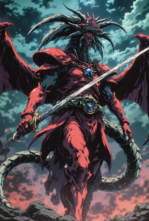 Green Japanese dragon-headed man, dressed in red samurai armor, with sharp claws on his hands, fu mancho mustache, blue eyes in the middle of a long tail storm,
