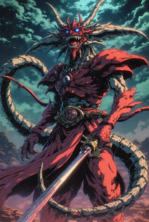 Green Japanese dragon-headed man, dressed in red samurai armor, with sharp claws on his hands, fu mancho mustache, blue eyes in the middle of a long tail storm,