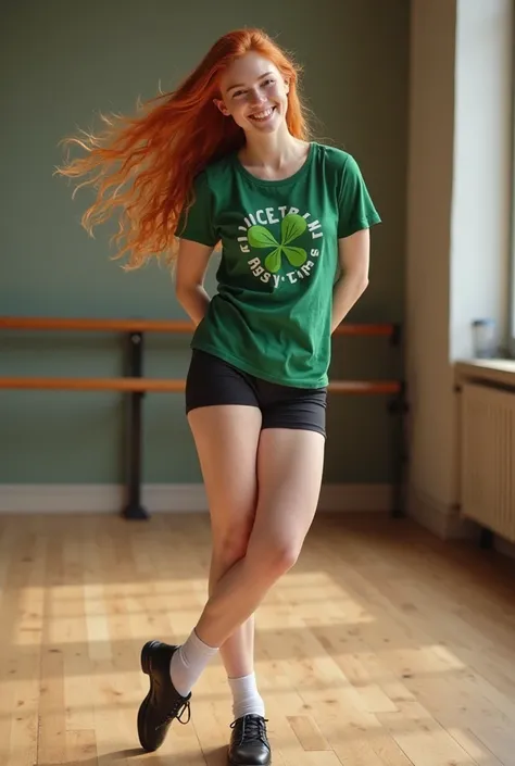 Smileling sexy Long-haired, redhead college student in a green tshirt with clover, short black leotard bottoms, white socks, and black leather tap shoes, hands behind back, jumping, practicing tap dancing in a dance studio
