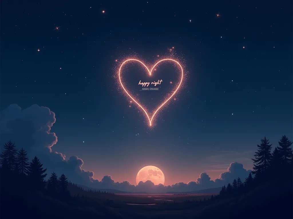 Draw a heart in the night sky with the moon. the text in spanish " Happy night ♡" It will be written in the heart
