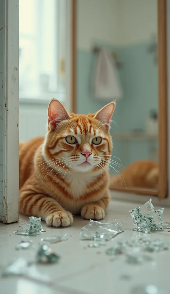  Tooth Brush Cat: The cat laranja vai até o banheiro, a small and functional space. The bathroom is simple , with white ceramic floor, but , Distracted, he trips and breaks the mirror, Let it shatter on the floor. The cat, with a look of frustration, Obser...