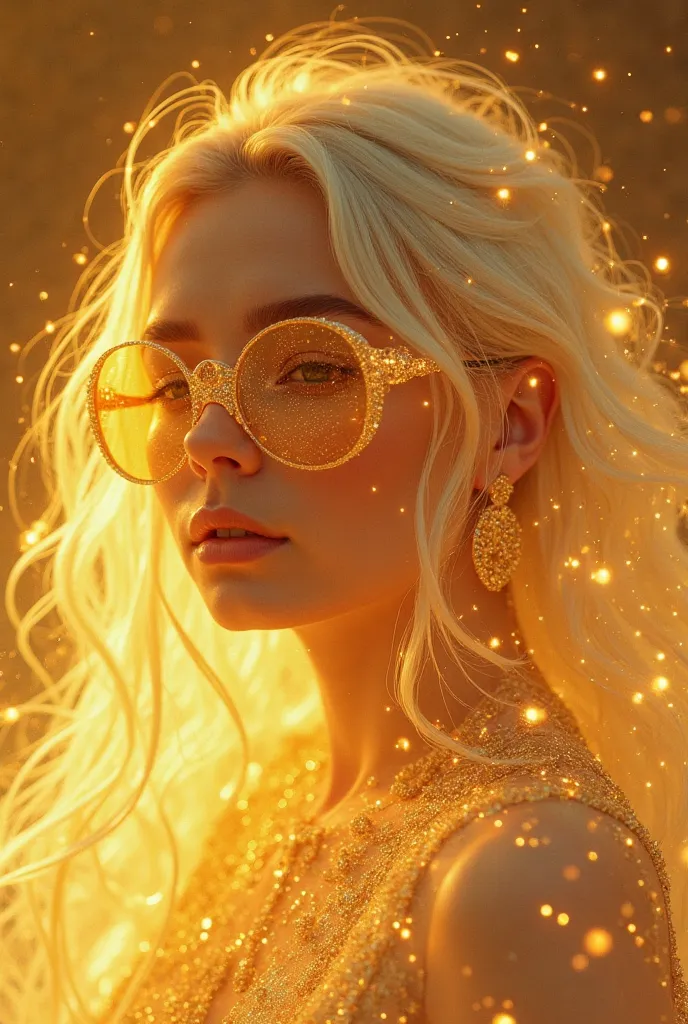 model wearing glass sunglasses，镜surreal photography, in the style of Moebius, Minimalism,  fantasy, abstract, heavy use of negative space, (((gold bright background)))

In realms where starlight weaves its golden trail, Bringing wisdom from stars untold, A...