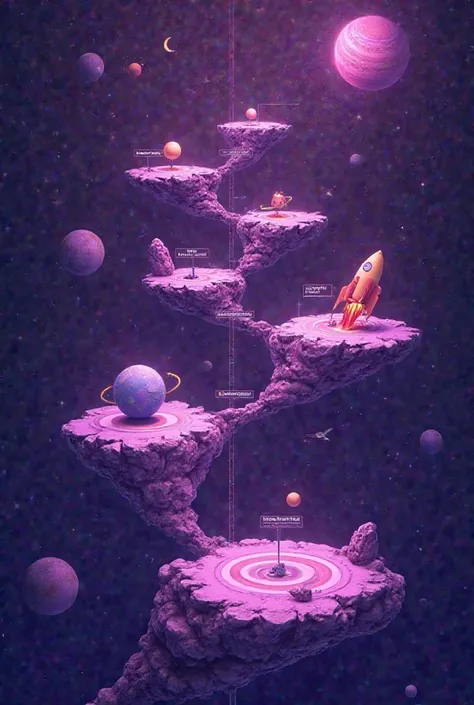 A vibrant purple space scene with floating rock platforms forming a timeline path. A cartoonish rocket follows the path.

Along the path (top to bottom):

7. Swirling galaxy with a modern telescope.
6. Earth-like planet with Ptolemy, orbiting planets with ...