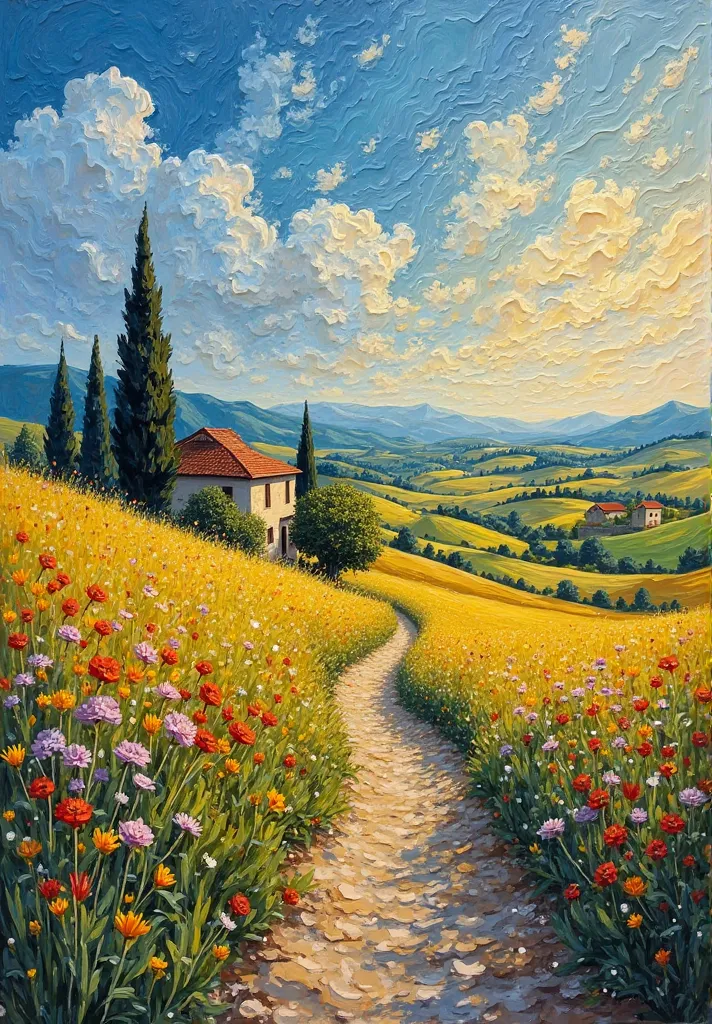 "A breathtaking impressionist oil painting in the style of Vincent van Gogh, depicting a rolling countryside bathed in warm golden sunlight. The sky is a swirling blend of deep blues and soft whites, with expressive, thick brush strokes creating movement i...