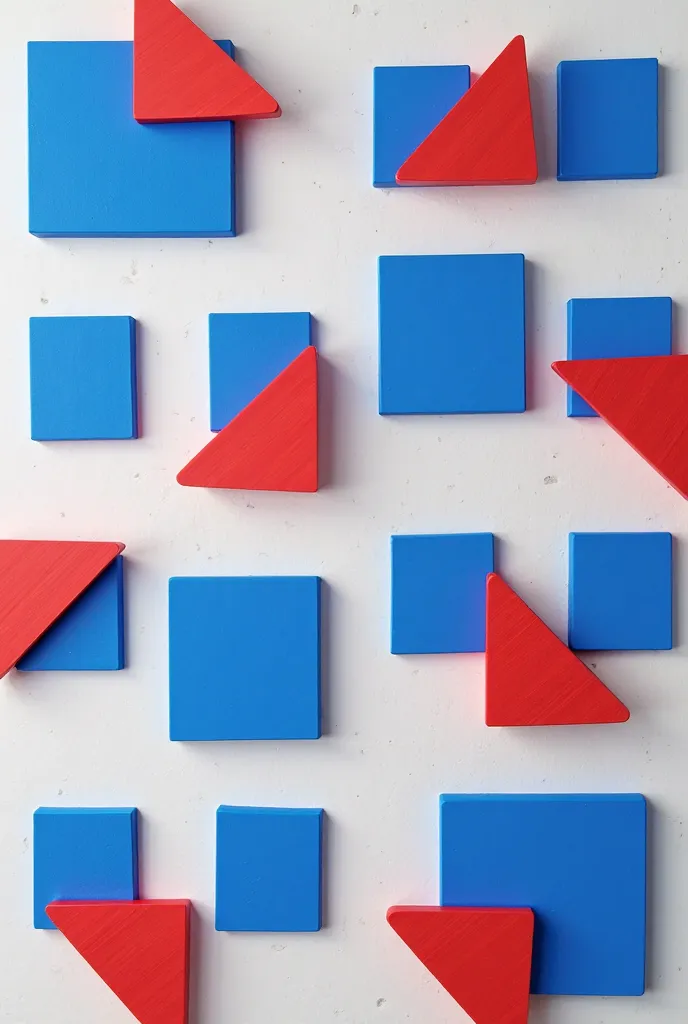 create a pattern where the blue squares are solid, no cuts or triangles inside, and the red triangles are also separated,  without overlapping .


