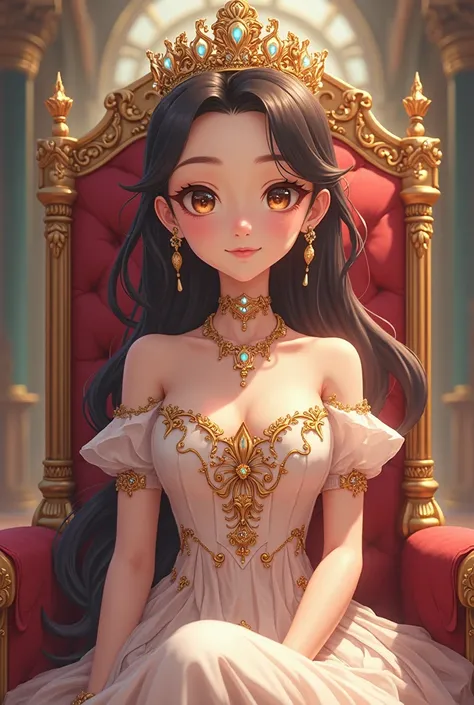 Young,anime,princess, sitting on her throne, smiling gently,anime girl, princess,royal dress,golden crown