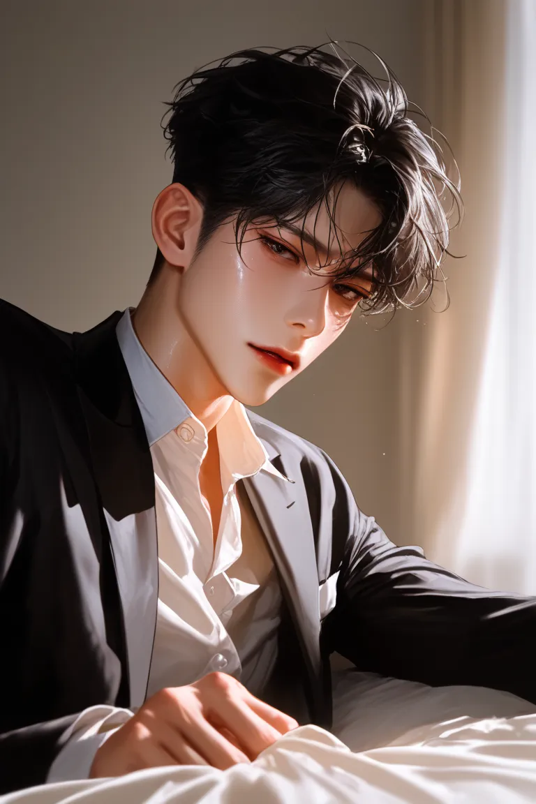 bad，  I have dark hair， Very short hair，   black suit，Head perspective   ，，    Korean Comic Style    ，  young, good condition ，    very handsome    脸瓜子脸，  wet hairstyle    ，  Dark black eyes    ，     very handsome    , black suit 셔츠,   bed ,  , Superior,  ...