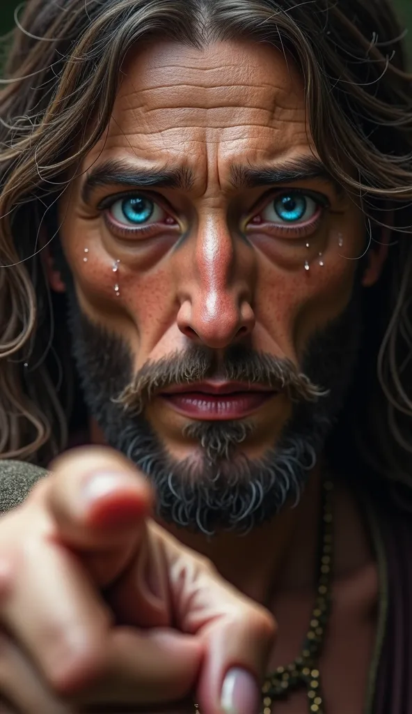 The image presents an extremely detailed and realistic close-up of a man who resembles traditional representations of Jesus Christ. He has fair skin with a slight bronze tone, and his face displays a deeply emotional expression, conveying sadness, pain, an...