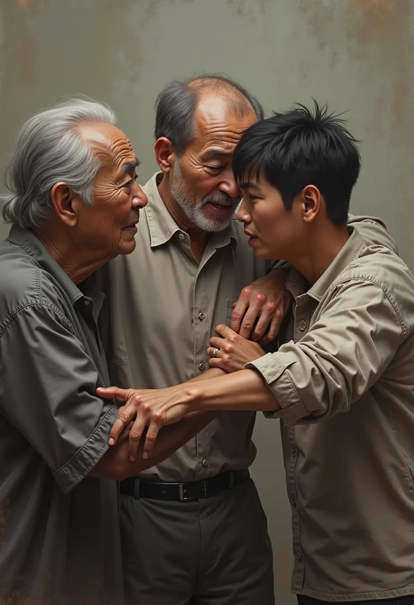 An elderly Asian couple is pulling the arm of a 20-year-old beardless Asian man, while he is holding onto the arm of another 23-year-old Asian man. All of them have sad expressions on their faces.