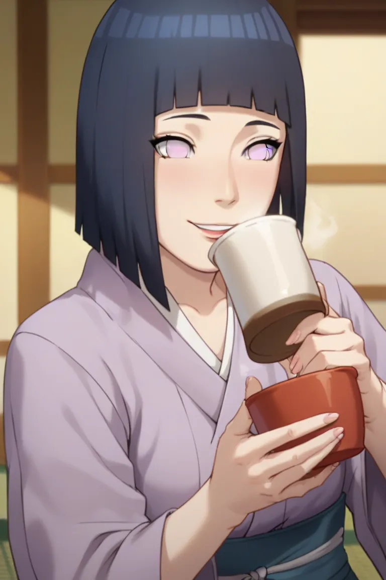 Portray Hinata Hyuuga in an intimate moment with Naruto Uzumaki, Your husband. Her dark blue hair is loose,  with a few hairs falling over her face , giving a relaxed and welcoming air. Her white eyes shine with affection, and her slightly pink cheeks refl...