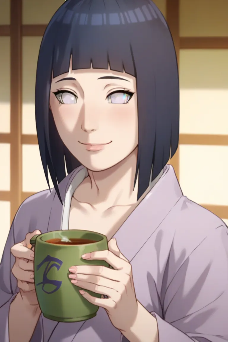 Portray Hinata Hyuuga in an intimate moment with Naruto Uzumaki, Your husband. Her dark blue hair is loose,  with a few hairs falling over her face , giving a relaxed and welcoming air. Her white eyes shine with affection, and her slightly pink cheeks refl...