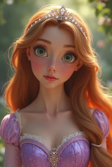 Rapunzel with her copper hair in real life with a tiara and lilac dress she wore in the movie and with her hair a little short 