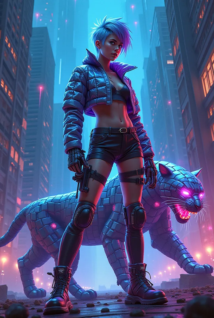 A bold, edgy lady with short, spiky hair made of glowing neon cubes in shades of electric blue and purple. Her attire is a daring, cubist-inspired cyberpunk outfit composed entirely of metallic cubes with neon accents, including a cropped jacket and thigh-...