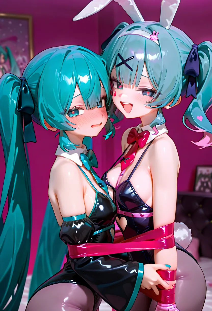  Hatsune Miku,2 girls。 twin tails 、tie, Detachable Sleeves,   shirt, 2 people stand side by side 。next to the bed in the room。Wrapping。 Shy and embarrassed。（/bunny suit、Hatsune Miku,rabbit hole /( vocaloid \)。Wrapping。