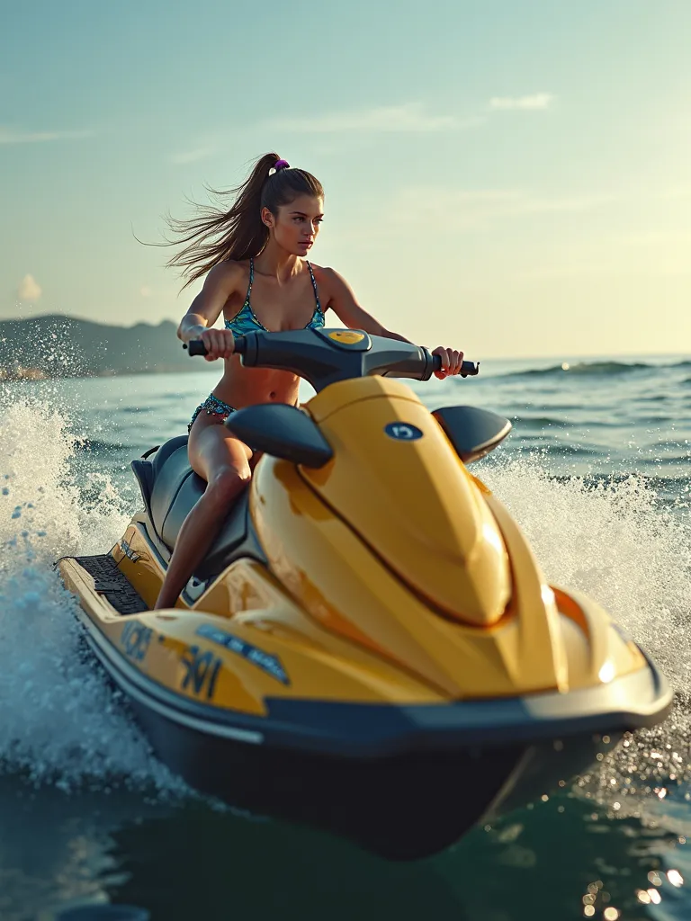 Girl riding jet ski in the middle of the sea high definition, anatomically correct, best quality, Realistic Textures,  horizon, Wide angle view, first-person view, atmospheric scenery,  Photo Realism,  Portrait , Punk girl, look at the viewer, 