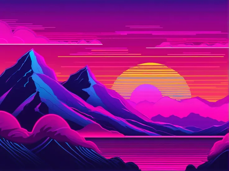 a close up of a purple and blue sunset over a mountain range, vaporwave lighting style, vaporwave wallpaper environment, neon synth wave, vaporwave sunrise background, neon landscape, retrowave vibes, retro-wave vibes, retro pink synthwave style, synthwave...