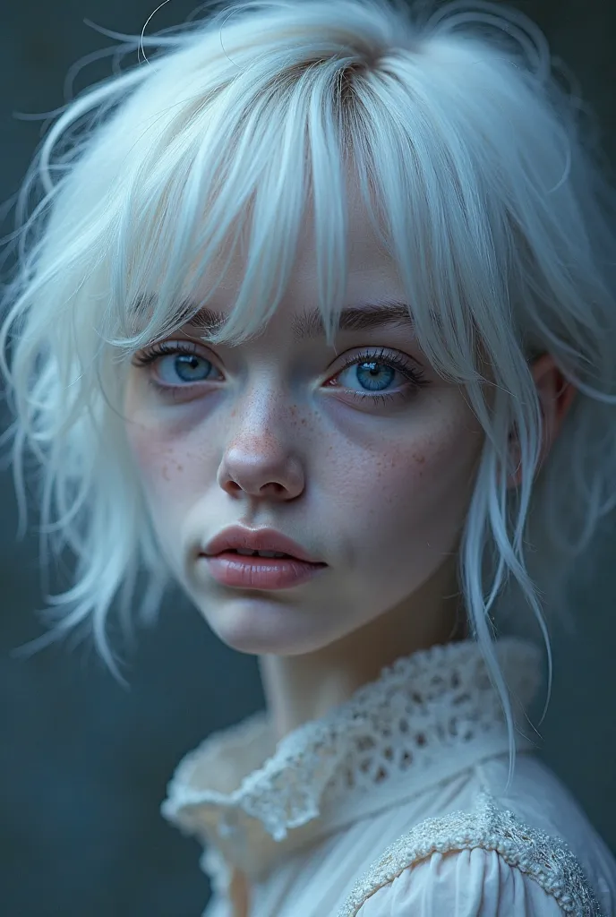 a 21 year old girl, of an ethereal and enigmatic appearance. Her short and naturally white hair carries a subtle bluish reflection, contrasting with her cold and pale skin, almost without undertone. Your eyes,  large and expressive , have a deep violet ton...