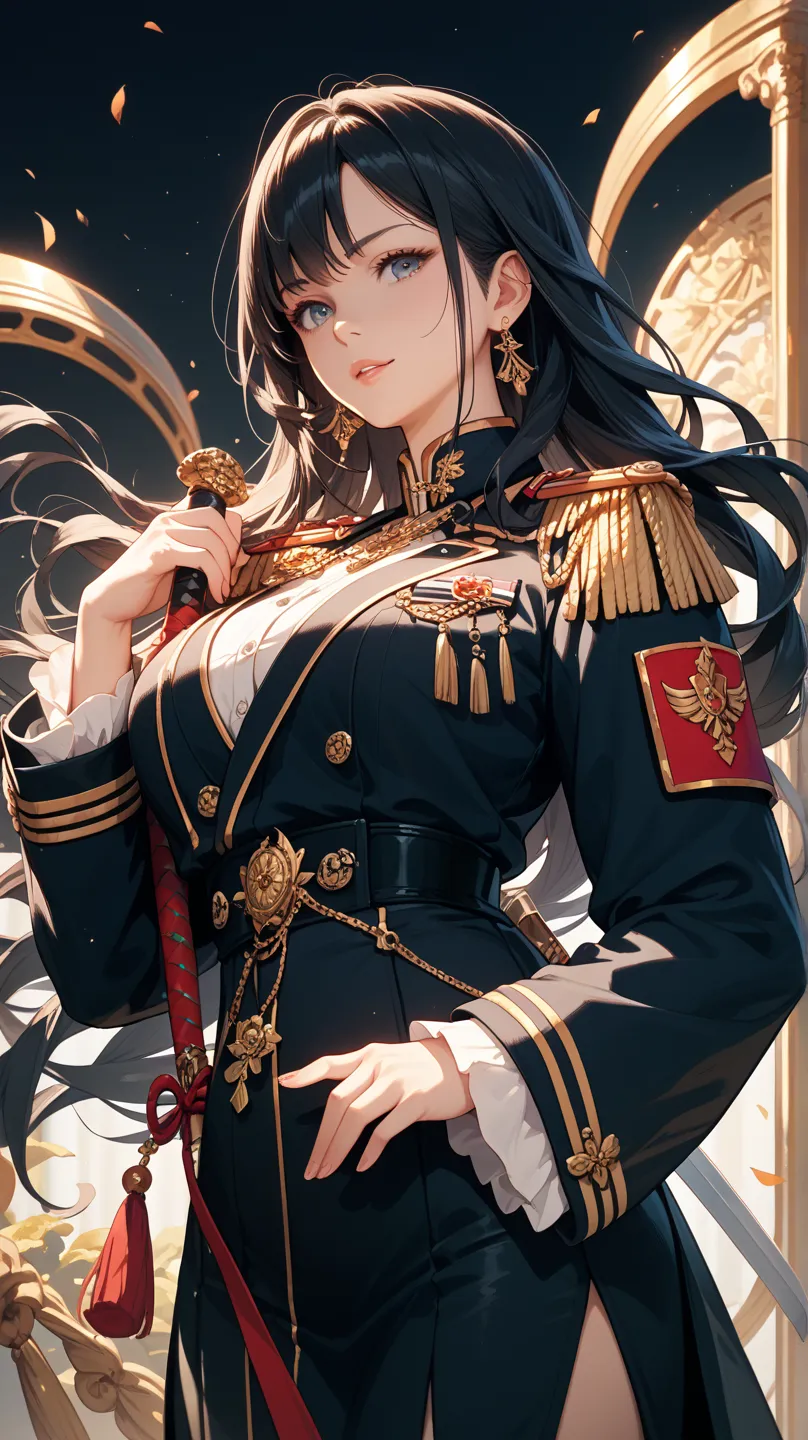 black hair, beautiful woman, goddess, Age 25, long hair,  black military uniform, gold epaulettes, has a Japanese sword