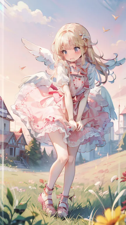 1 girl,  cute angels、 pull the skirt, low angle，upskirt, blond with a big face、pink dress、shoes、Strong winds、wind lift, anime style、Embarrassed Face、Prairie with a good view