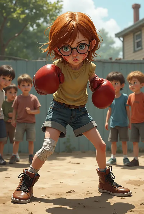 skinny  girl that have reddish brown hair, wearing big round wire glasses and limp boxing gloves, bruises, cuts rumpled short hair, bandage on knee, fists up in boxing position, glass askew, surrounded by a few neighborhood s girls and boys wanting to see ...