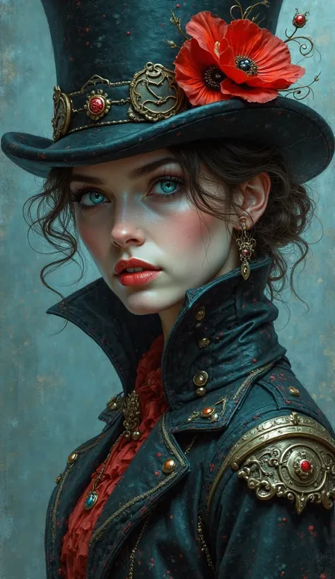 a mysterious woman with striking blue eyes, partially concealed by a top hat and a high-collared, ornate jacket adorned with a poppy, evoking a sense of intrigue and Victorian-era fantasy. Digital painting, Steampunk style, inspired by Brian Froud,  detail...