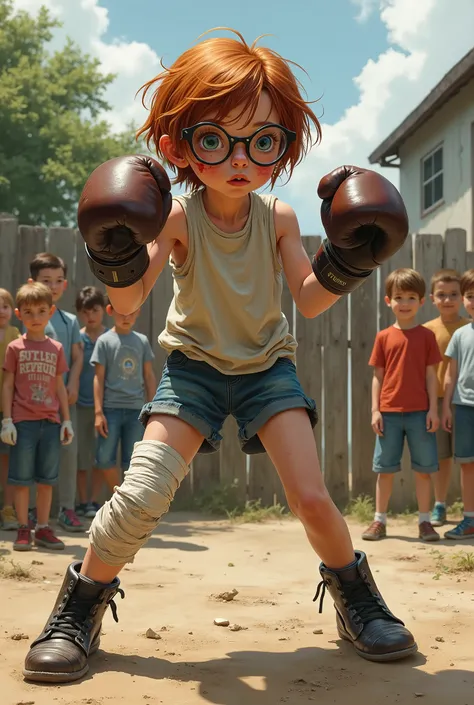 skinny  girl that have reddish brown hair, wearing big round wire glasses and limp boxing gloves, bruises, cuts rumpled short hair, bandage on knee, fists up in boxing position, glass askew, surrounded by a few neighborhood s girls and boys wanting to see ...