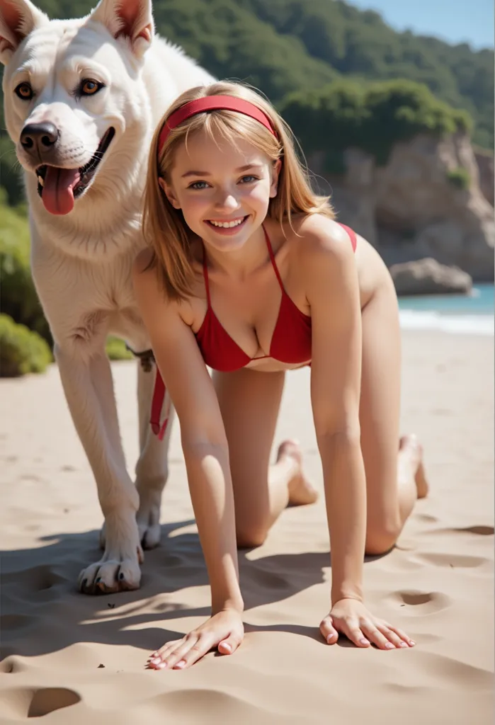 Not suitable for work. ( nudity ,  sexual, relaciones  sexuales) (Melissa Benoist ((human)) medium breasts, camel toe) full body,  smiling, crawling under the front legs a (Huge white hairy male pitbull dog with a dog's penis, four-legged)  on a deserted b...