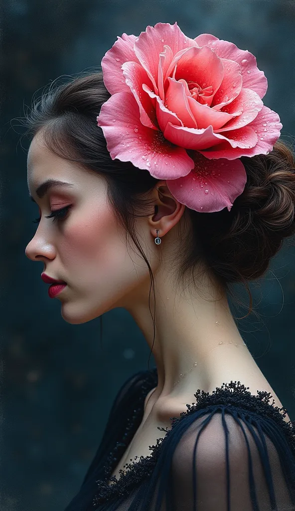 a melancholic portrait of a young woman with an elaborate hairstyle adroned with vibrant flower. gazing downwards with a serene expression, evoking a sense of quiet introspection and delicate beauty. a beautiful transparent translucent pink rose glistening...