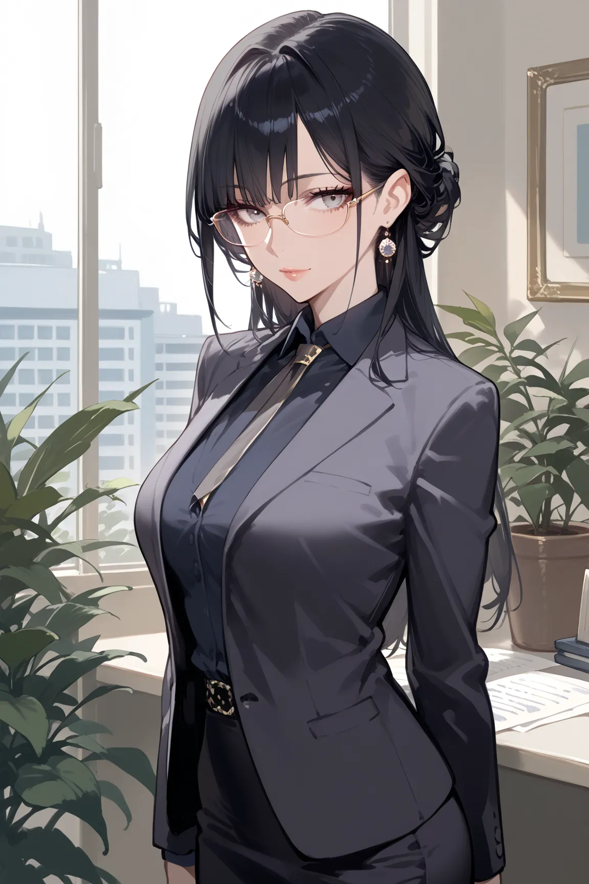 score_9, score_8_up, score_7_up,source_anime,solo,beautiful adult woman,
long black hair, straight hair, sharp eyes, business suit, office lady, glasses, high,elegant, confident expression, minimal jewelry, refined, professional attire, tall woman, slender...