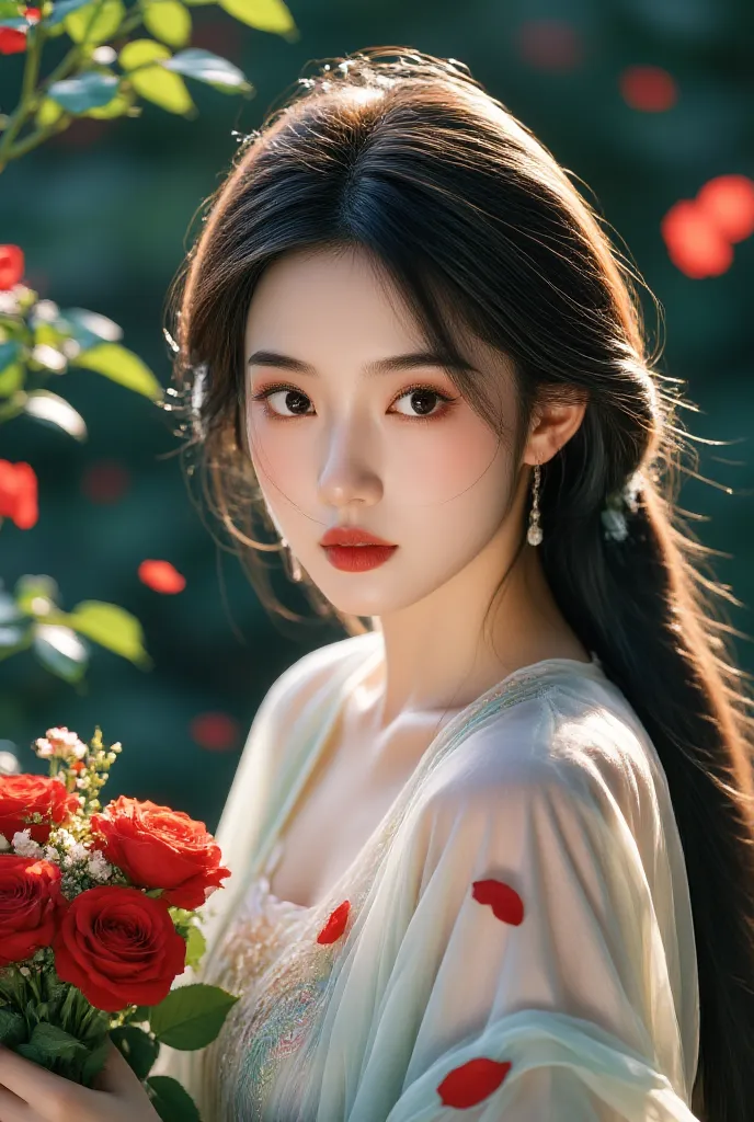  1 beautiful girl , clear ,  black-eyed, black hair long drop, red lips, smooth white skin, bouquet handle, flying butterfly, flying petals, red rose garden, flower crown head, earrings , red dress 