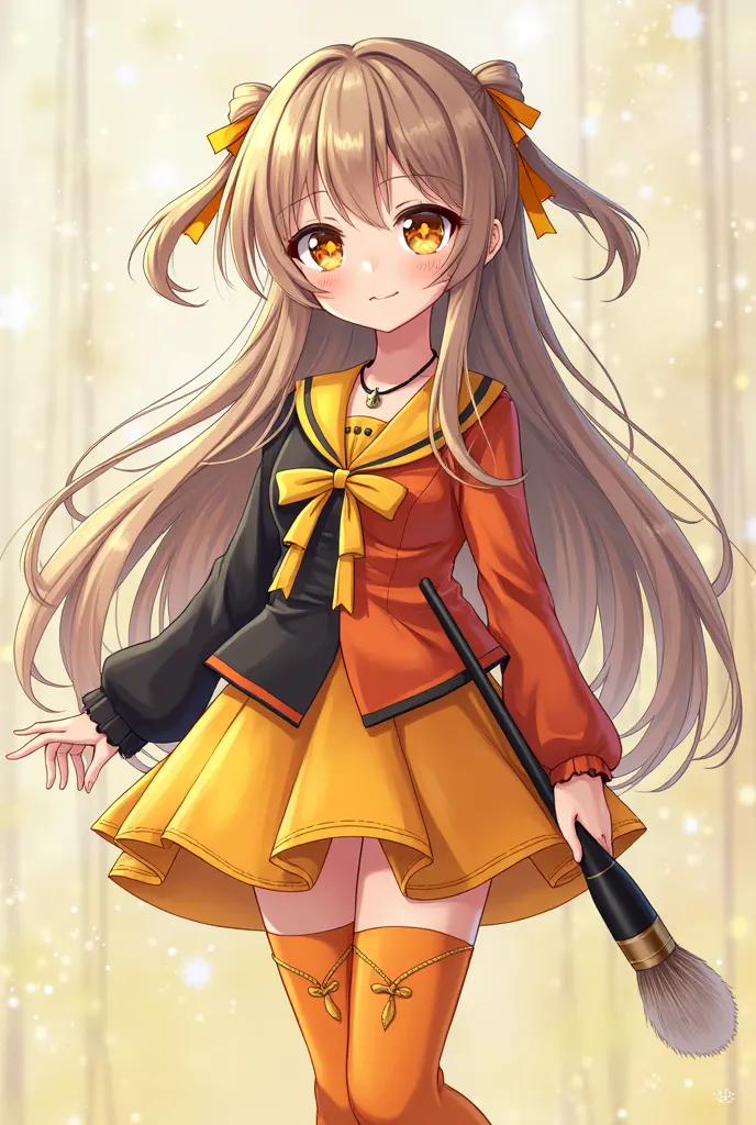 Young anime-style girl with waves and long hair also with little tails on the sides but the rest of the hair is loose and some star brooches on each side, one orange and one yellow 
Her blouse is in the form of a mosaic with orange colors,yellow and a litt...