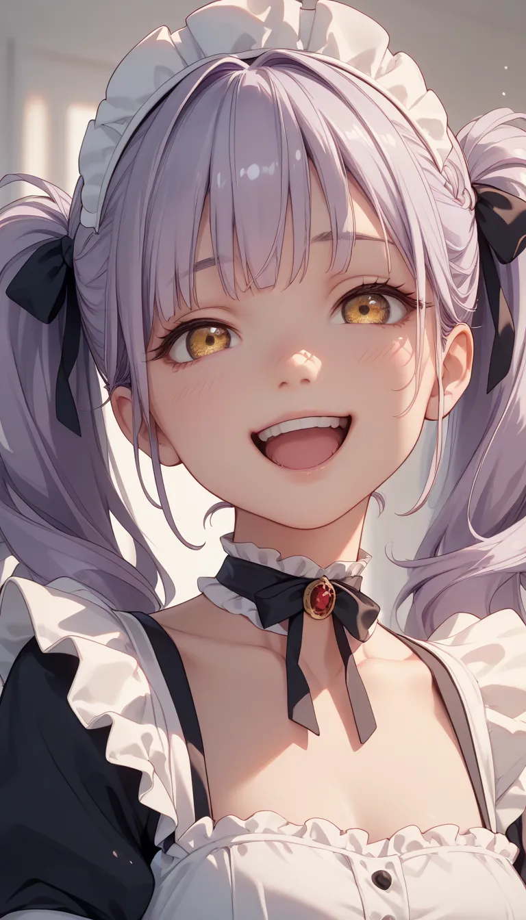  Only One Girl、  light purple hair with hair tips、 yellow eyes、twin tails、 Close face、maid clothes on the left and right sides of my headless、angel wing hair elastic、 is wearing a choker、I'm wearing a worm cover、here laughing and going around、 Close face